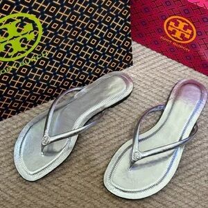 Tory Burch leather Metallic Silver Sandals